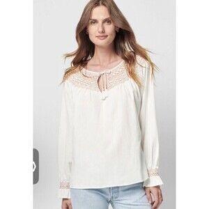 Faherty Cream Long-Sleeve Crochet Yoke Blouse